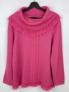 August Max 100% Merino Wool Pink Cowl Neck Fringe Cable Knit Sweater S Made UK